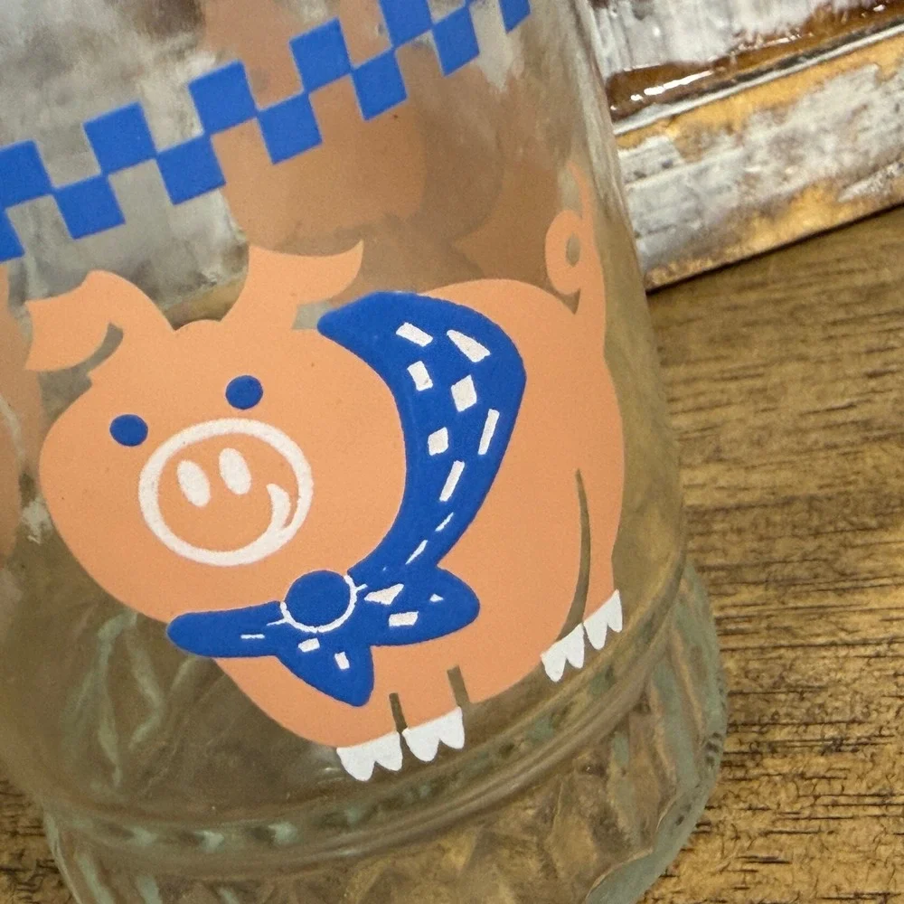 Vintage Pig Jelly Jar Juice Glass Blue Bandana Checkered Clear Ribbed Base